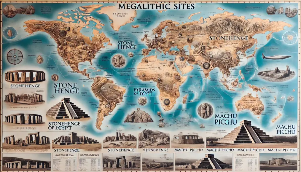 A world map marking the locations of famous megalithic structures, with details about each site