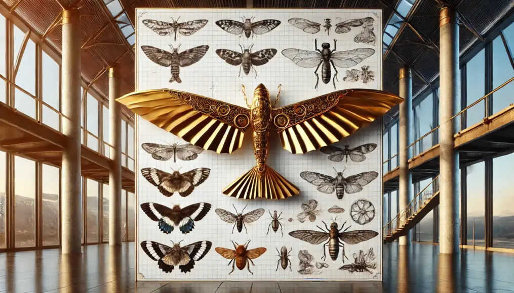 An illustration comparing the Golden Jet's design with wings of birds and insects, supporting the mimicry theory