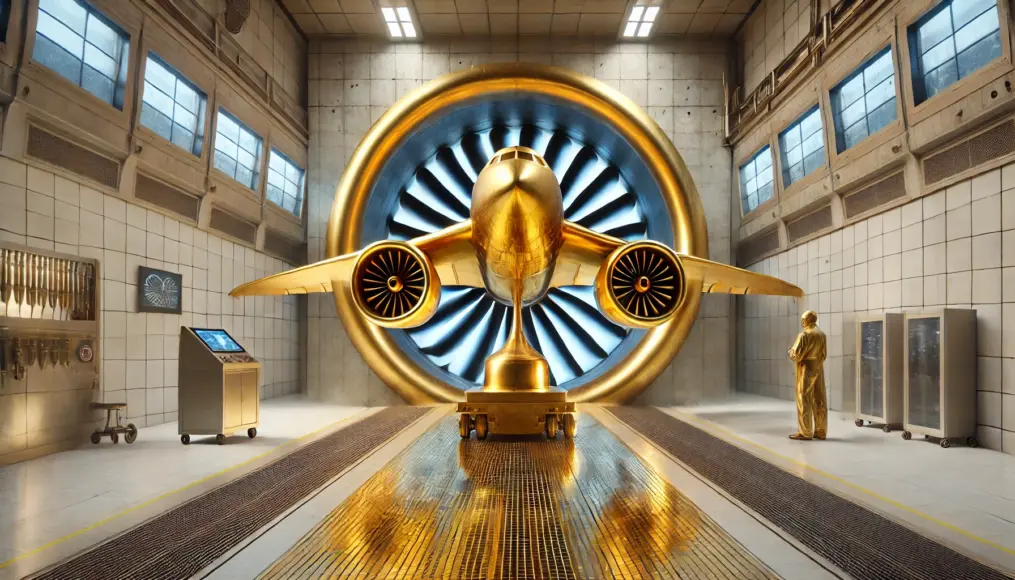 An illustration showing the Golden Jet generating lift during a wind tunnel experiment, emphasizing its flight-capable shape