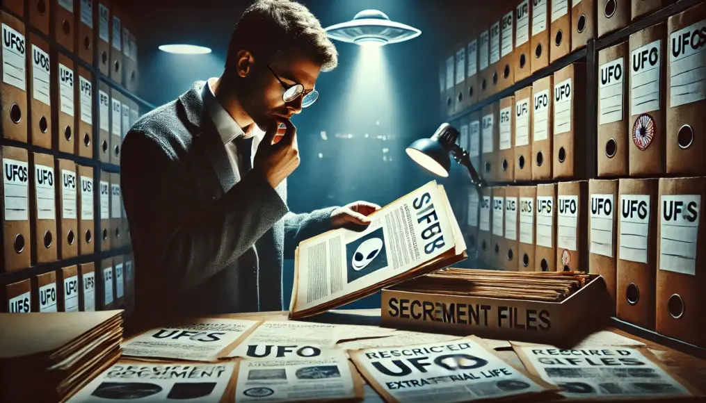 A researcher examining secret government files related to UFOs and extraterrestrial life, uncovering confidential information.