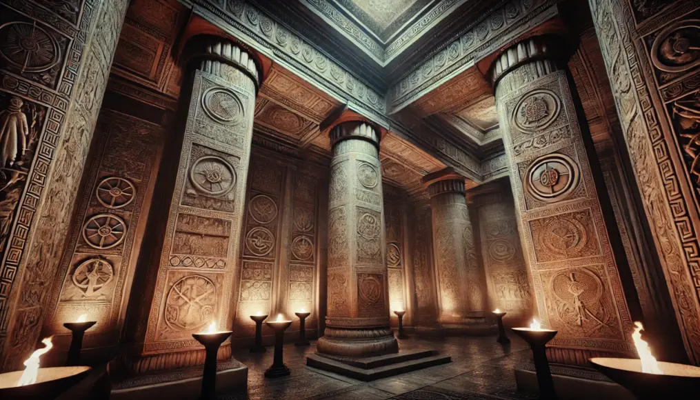 The interior of an ancient Greek temple used for mystical ceremonies. Sacred symbols carved into the walls glow under the light, creating an awe-inspiring atmosphere