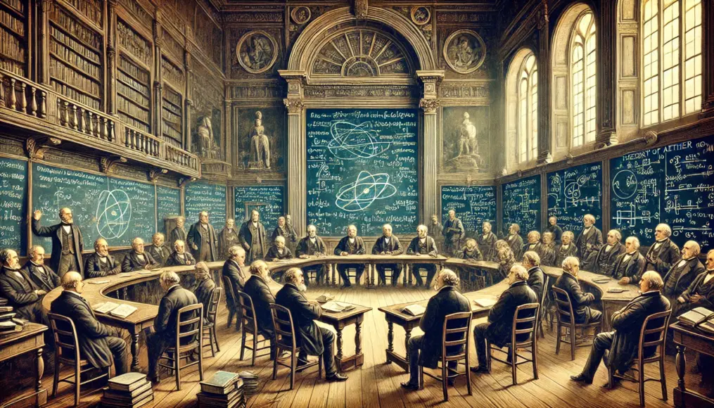 A historical scene of 19th-century scientists debating the ether theory