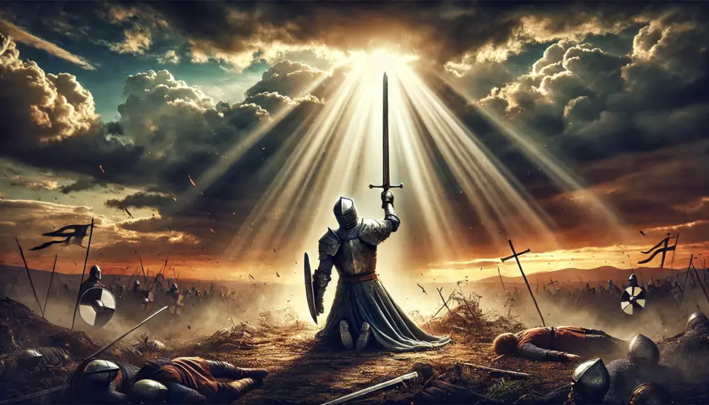 A knight holding the holy sword aloft after victory on the battlefield. Light shines around him, symbolizing a miraculous moment