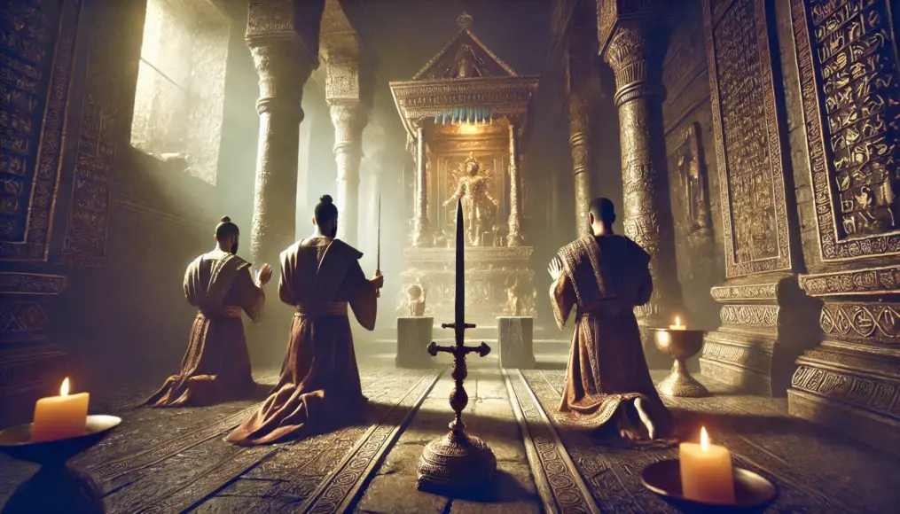 Priests performing a sacred ritual at an ancient temple. They are praying to bless the sword. The surroundings are filled with a holy light