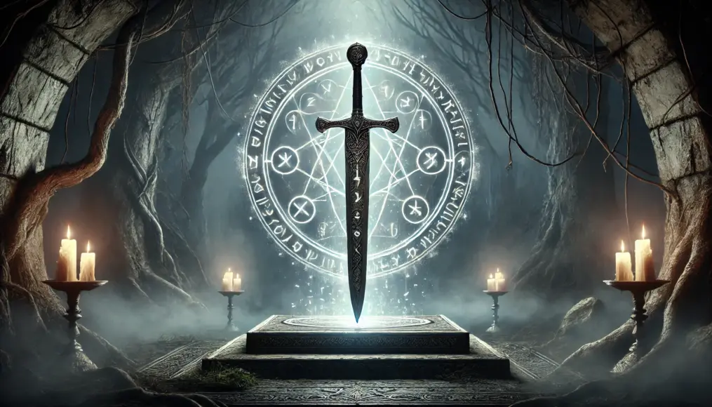 A sword standing on an ancient altar shrouded in mist. The blade is engraved with ancient runes glowing faintly, surrounded by a sacred aura of light