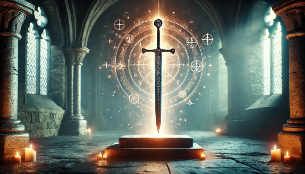 An ancient altar with a holy sword standing upright. The blade is engraved with sacred symbols that glow with a mystical light, surrounded by an aura of divine energy