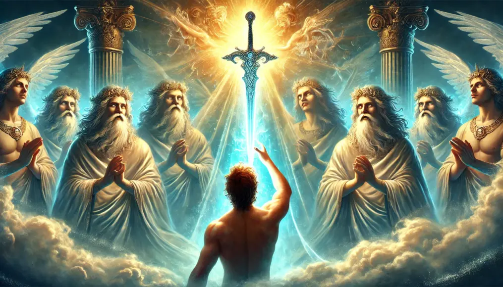 A scene from ancient mythology showing a hero receiving a glowing sword from the gods, watched over by divine beings