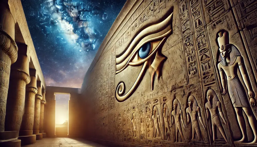 A view of the Eye of Horus symbol inside an Egyptian temple, with a starry sky in the background