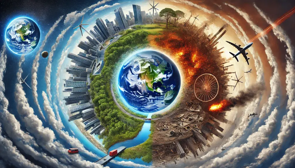 An image illustrating the impact of human activities on Earth's axis. Scenes of deforestation, groundwater depletion, and large-scale urban expansion are combined to depict environmental changes affecting the planet.