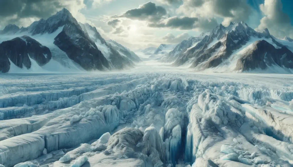 An image illustrating how the Ice Age drastically changed Earth's environment. Expansive ice sheets cover vast landscapes, depicting the impact of extreme cooling.