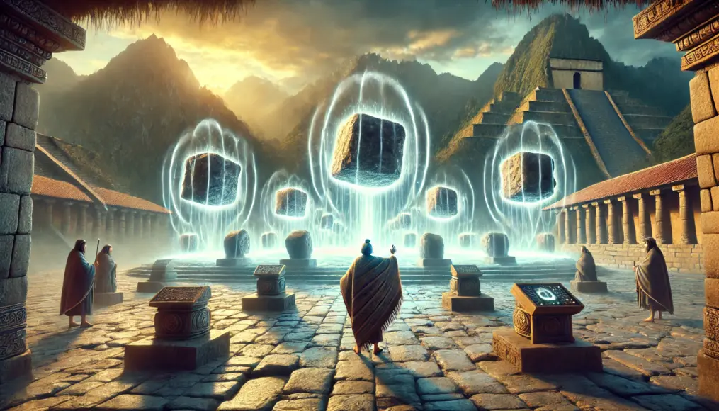 A legendary depiction of Incan priests using sound waves to levitate megalithic stones