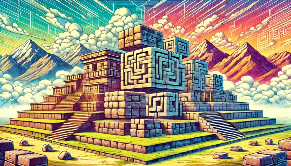 A scene illustrating the architectural similarities between the Inca civilization and Tiwanaku culture, showing how their technologies merged