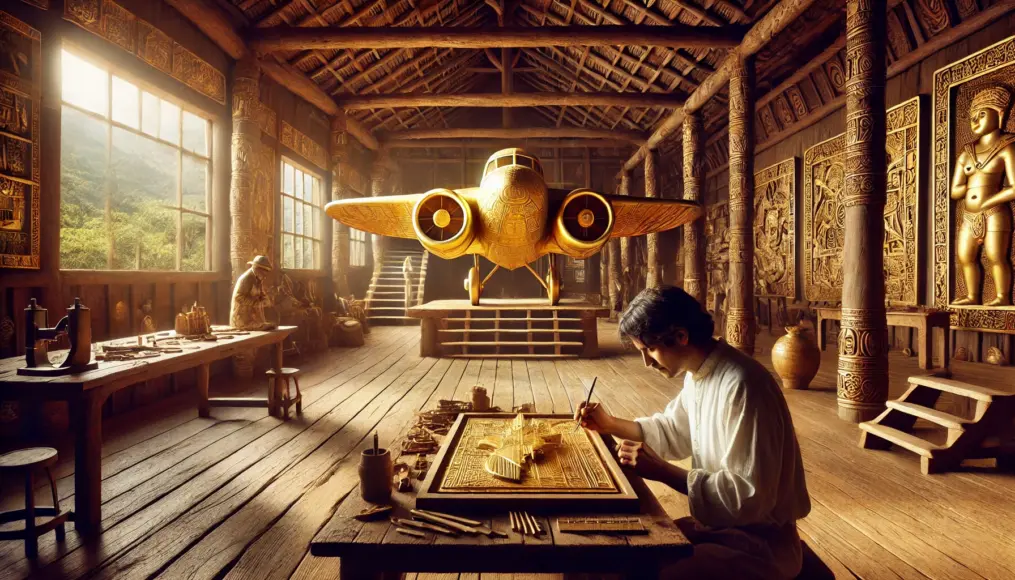 A scene imagining ancient Colombian artisans intentionally designing the Golden Jet with advanced knowledge in a workshop