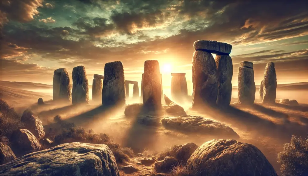 A mysterious ancient stone construction site illuminated by the setting sun, creating a mystical atmosphere