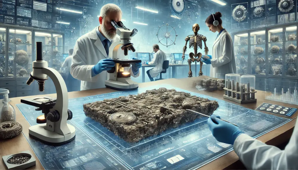 Ancient metal samples being analyzed in a laboratory. Scientists carefully examine them under a microscope