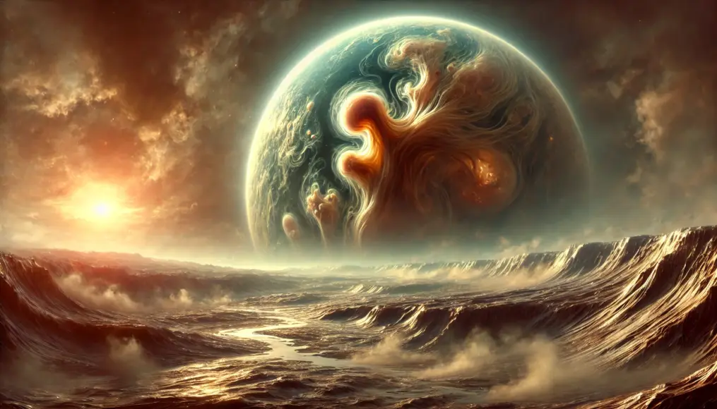 A primordial extraterrestrial environment with flowing liquid on a planet's surface, showing structures that resemble organic molecules, hinting at the possibility of life formation.