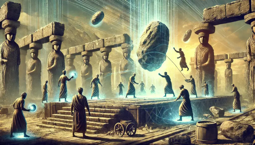 An artistic depiction of ancient people levitating massive stones using an unknown force