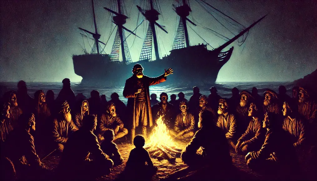 An elder sharing the legend of the lost fleet during a nighttime gathering