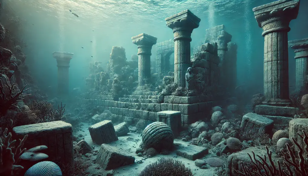 Ruins of an ancient city submerged underwater. Crumbling pillars and walls stand in eerie silence beneath the sea, evoking an air of mystery