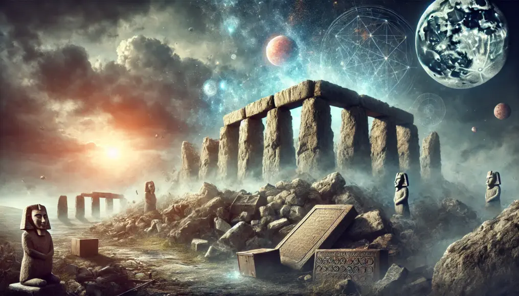 A dramatic scene showing the destruction of ancient knowledge, symbolized by crumbling ruins and lost technology