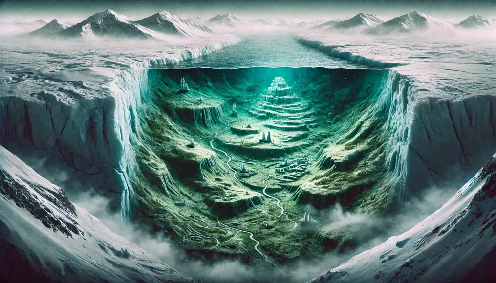 A vision of Antarctica’s lost continent before it was buried in ice. A lush green landscape is faintly visible beneath the frozen wasteland, hinting at a past civilization