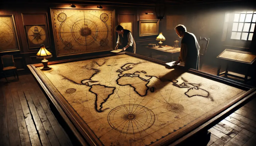 An ancient navigation map showing possible routes of the lost fleet, analyzed by historians