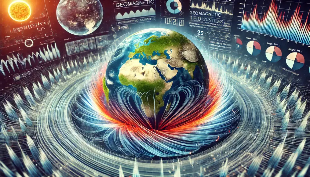 An image illustrating the effects of geomagnetic shifts. A data visualization showing the relationship between magnetic field disturbances and climate fluctuations.