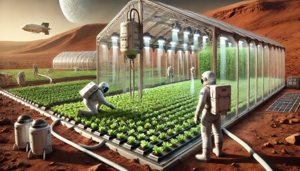 Concept of agriculture on Mars using underground water. Astronauts are tending to crops inside a greenhouse-like facility. Behind them, a water supply system is operating. The lush green plants contrast with the red Martian landscape outside