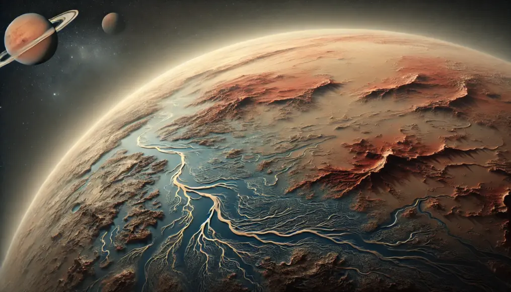 A scene illustrating Mars and Earth's atmospheric similarities, with traces of rivers and Mars’ red terrain in the background