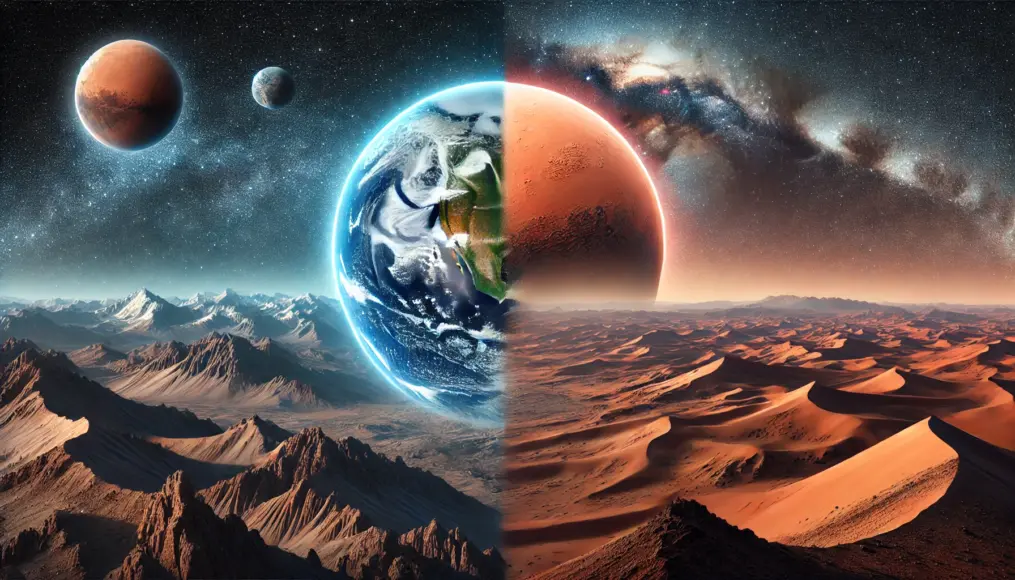 A landscape comparing the similarities between Mars and Earth, with their terrains and a starry sky in the background