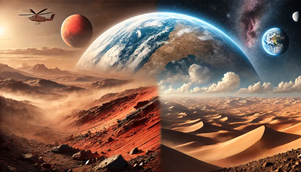 Concept illustrating the similarities between Mars and Earth. Side-by-side landscapes of Mars and Earth highlight their environmental differences and similarities. In the sky, both planets are depicted together, symbolizing humanity’s future in space