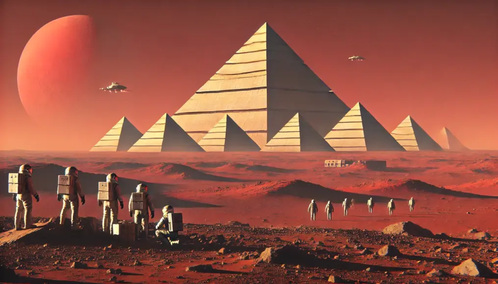 A Martian red horizon featuring pyramid-like structures resembling Egypt’s pyramids, with researchers investigating nearby