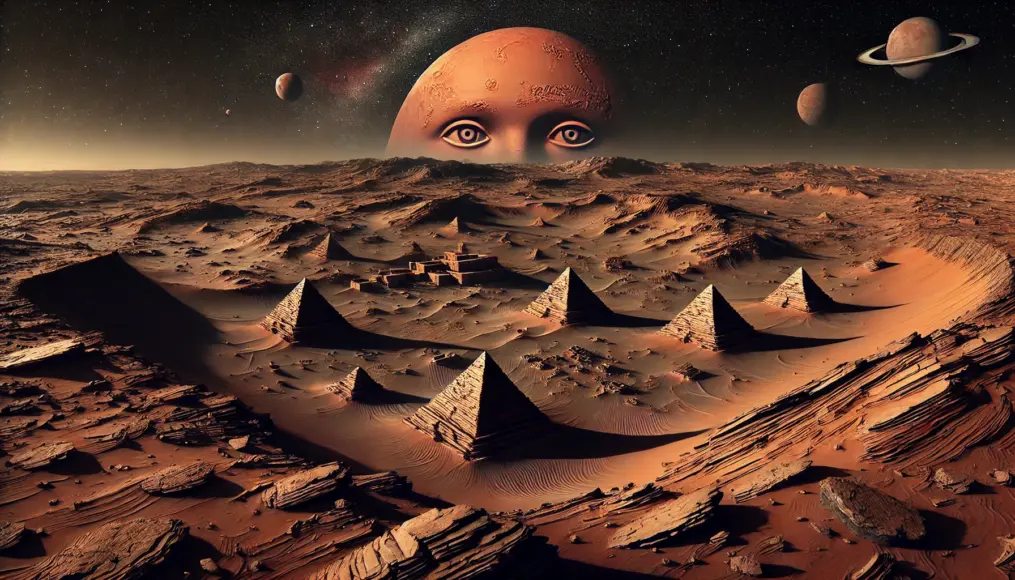 A scene depicting the "Face on Mars" alongside pyramid-like formations. The red terrain and outer space form the background