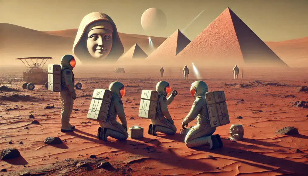 A scene showing the "Face on Mars" and nearby pyramid-like structures under investigation. A vast red Martian landscape unfolds