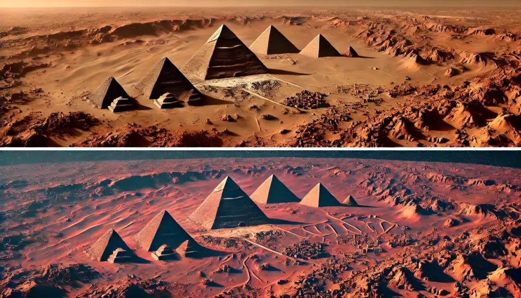 A scene comparing the alignment of pyramids on Mars and Giza. Mars’ surface shows pyramid-like structures in a similar configuration