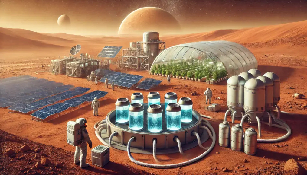 Concept of a human base on Mars. A water filtration facility is set up, with astronauts working around it. In the distance, solar panels and agricultural facilities indicate the potential for long-term human settlement on Mars