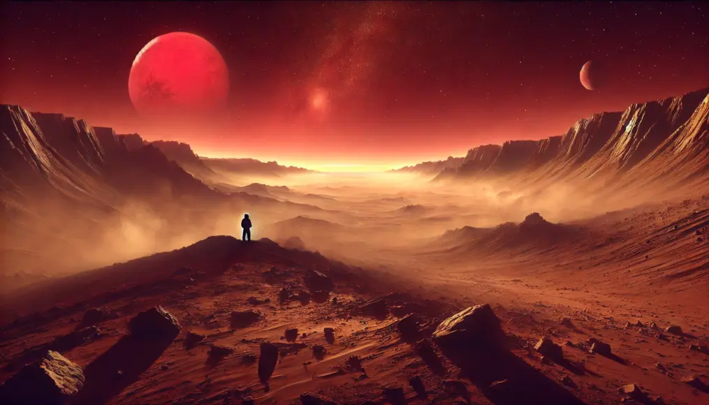 A scene imagining Mars’ lost atmosphere, with red skies and a desolate landscape being observed by a figure