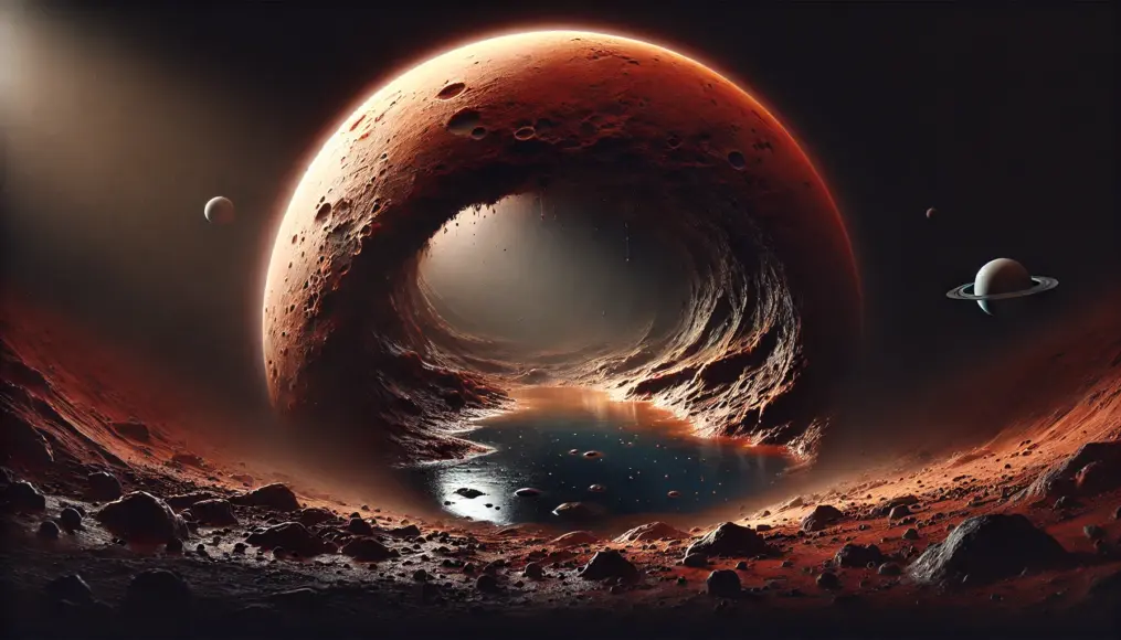 Concept image suggesting possible microorganisms in Mars' underground water. Beneath the reddish-brown surface, a dark water layer spreads out. Faint, shadowy movements hint at the presence of life. The environment is dimly lit, emphasizing the mystery of the unexplored subsurface