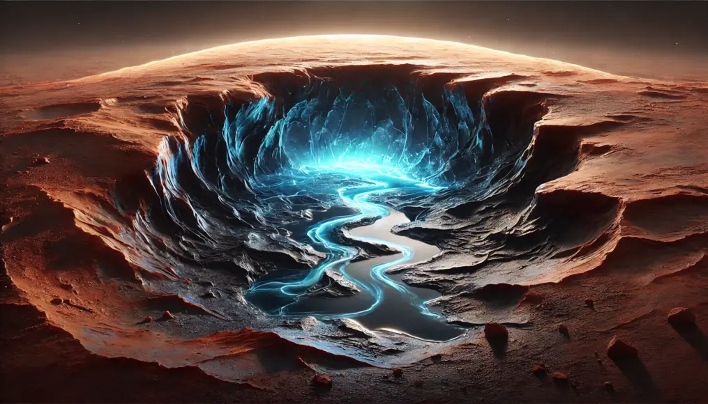 Concept image of a mysterious underground liquid on Mars. Beneath the reddish-brown surface lies a dark underground space filled with a glowing blue liquid. Mineral deposits surround the area, creating an eerie and alien-like environment