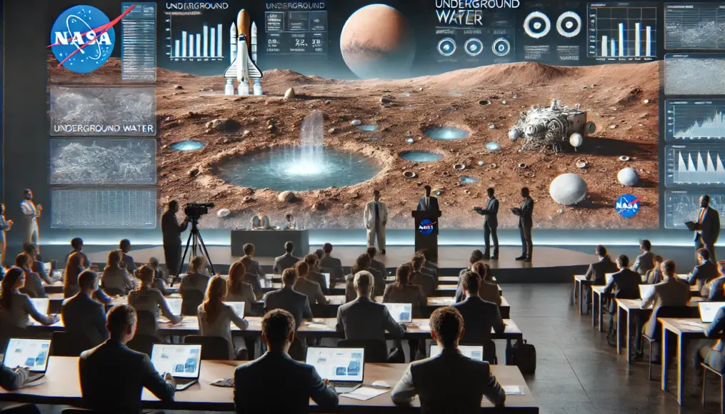 Scientists at NASA's official conference presenting information about underground water on Mars. A large screen displays Mars' surface and subsurface structures. Journalists in the audience take notes while listening attentively