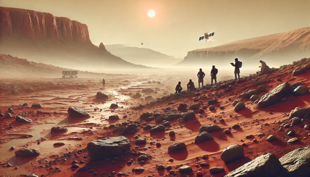 A scene depicting researchers studying ancient river traces on Mars, with a vast red horizon in the background