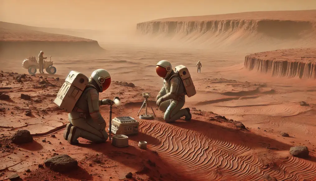 A scene showing traces of ancient Martian rivers, with researchers investigating the red terrain under a vast horizon