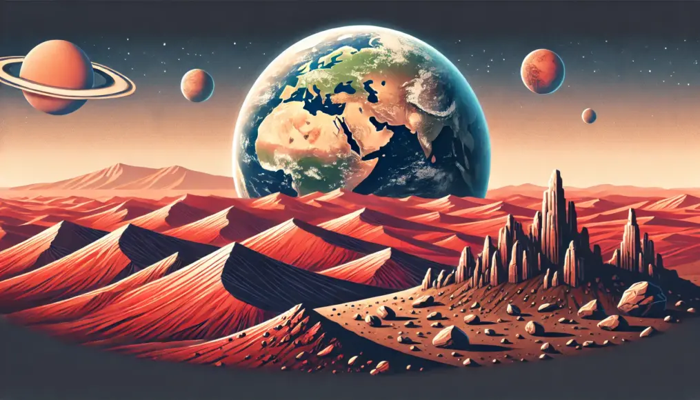 A comparative view of Mars and Earth's terrains, with Mars' red dunes in the background