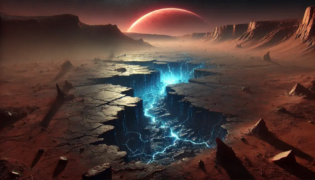 Concept image of underground water on Mars. A large crack on the Martian surface reveals a glowing blue liquid beneath. The rugged rocky terrain contrasts with the dark red sky, creating a mysterious and eerie atmosphere