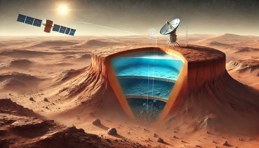 Radar data suggesting the presence of underground water on Mars. The image shows Mars’ reddish-brown surface with a blue layer underneath, representing water. A radar beam from a spacecraft is scanning the subsurface, analyzing its composition