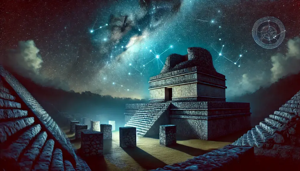 An ancient Maya observatory under a starry sky, symbolizing astronomical studies