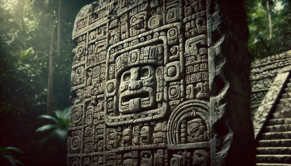 Mysterious Maya glyphs and intricate carvings on a stone stela