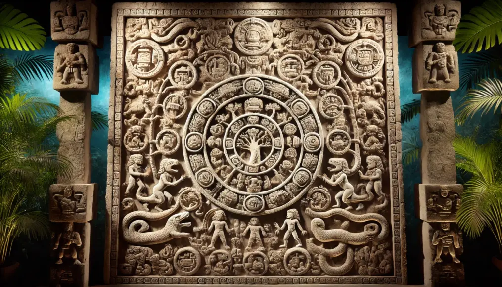 Ancient Maya mythological carvings compared with the Palenque relief, which resembles a spacecraft