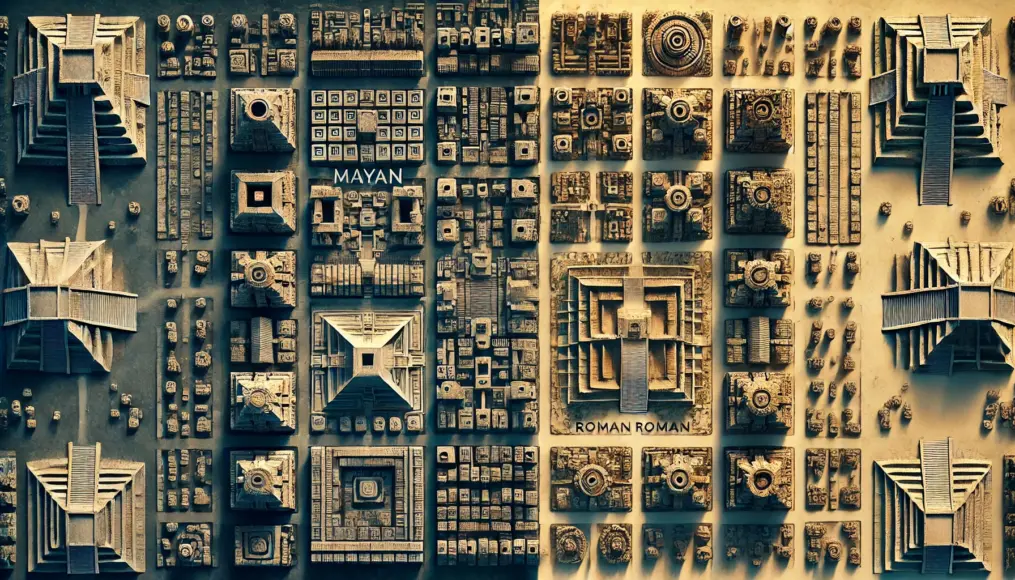 Aerial images comparing Mayan and Roman city layouts, revealing their shared grid-like structure