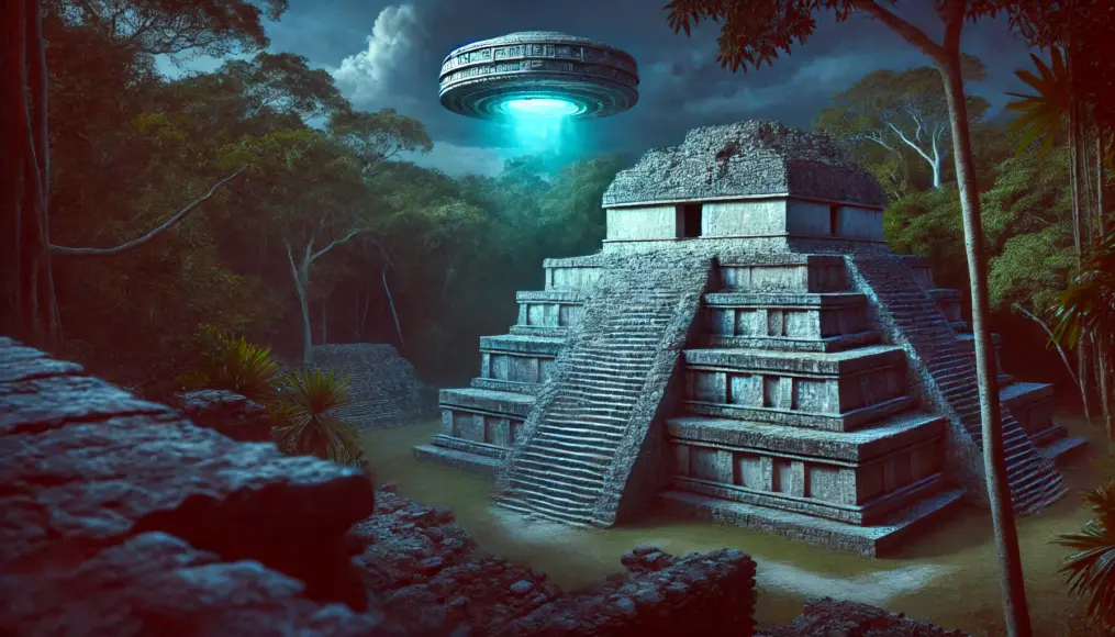 An ancient Maya temple under the night sky with a mysterious glowing object hovering above